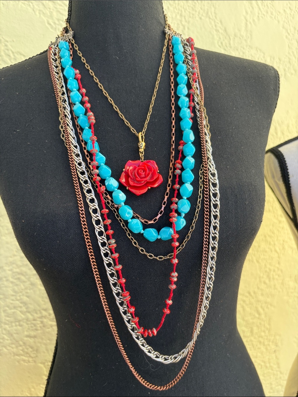 Layered Red Rose & Turquoise Bead Multi-Chain Necklace